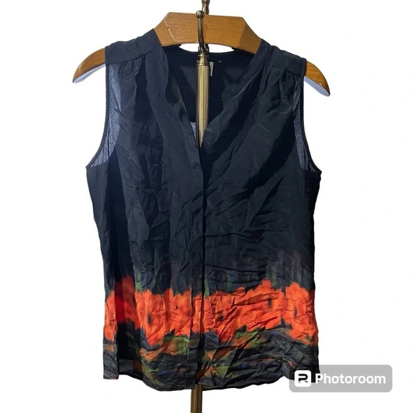 ECRU ~ Classic Cezanne Black and Floral 100% Silk Sleeveless Tank Button Down - Picture 2 of 10